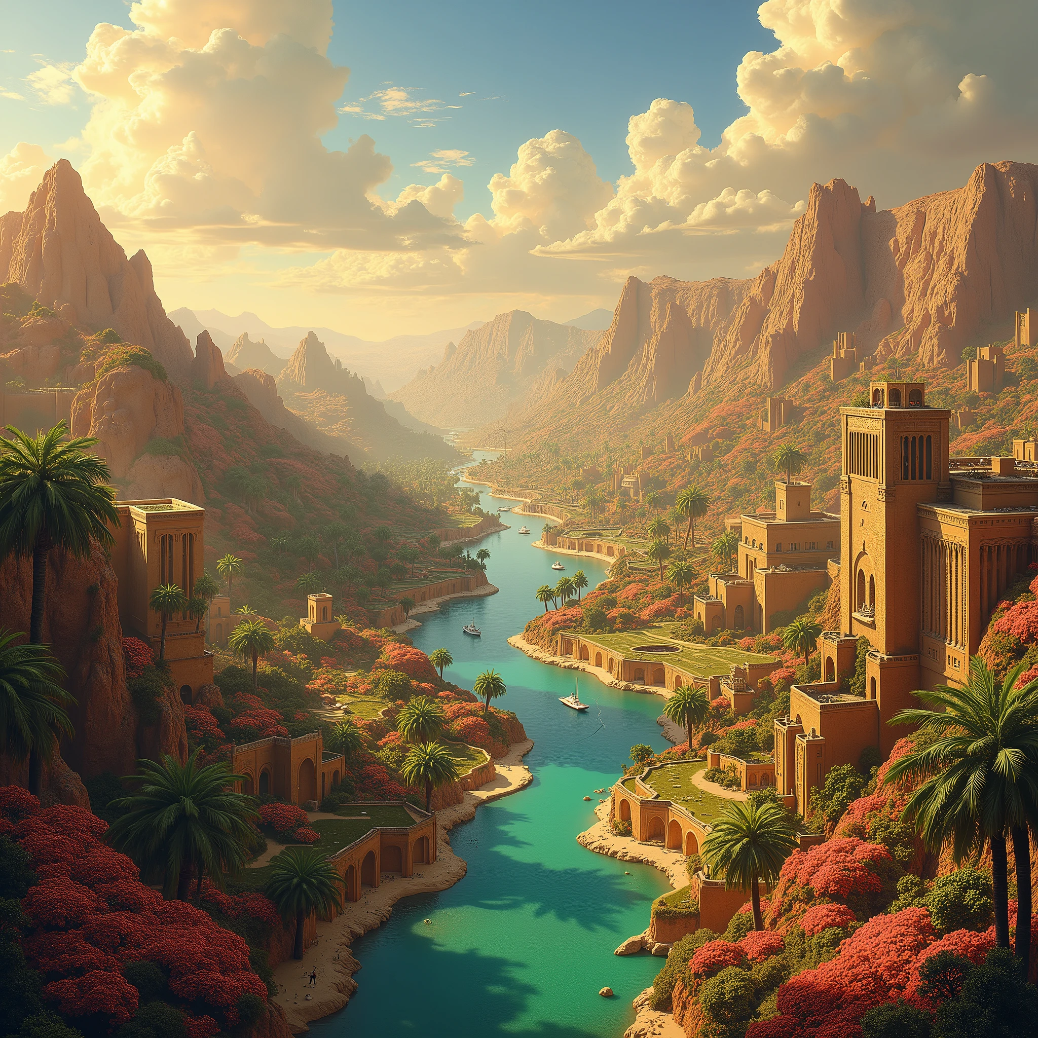 Survole du Royaume de Babylone Vaste Et Splendide, Florale, Canals d'Eau Intiqués, Chaude Couleurs Vibrante, Époustouflante, Grandiose. Espace de vie. Wild.
