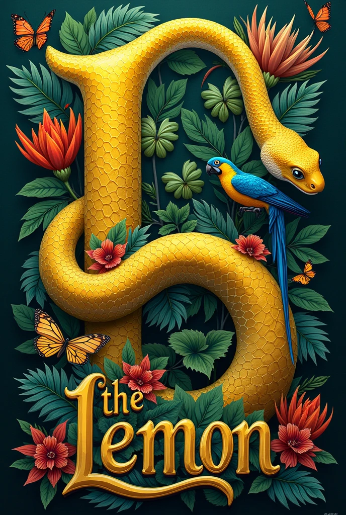 Write the letters LEMON and as background decoration put mainly the macaw and heliconia. You can also add more animals and flowers from the Ecuadorian Amazon.. Make the L a snake  
