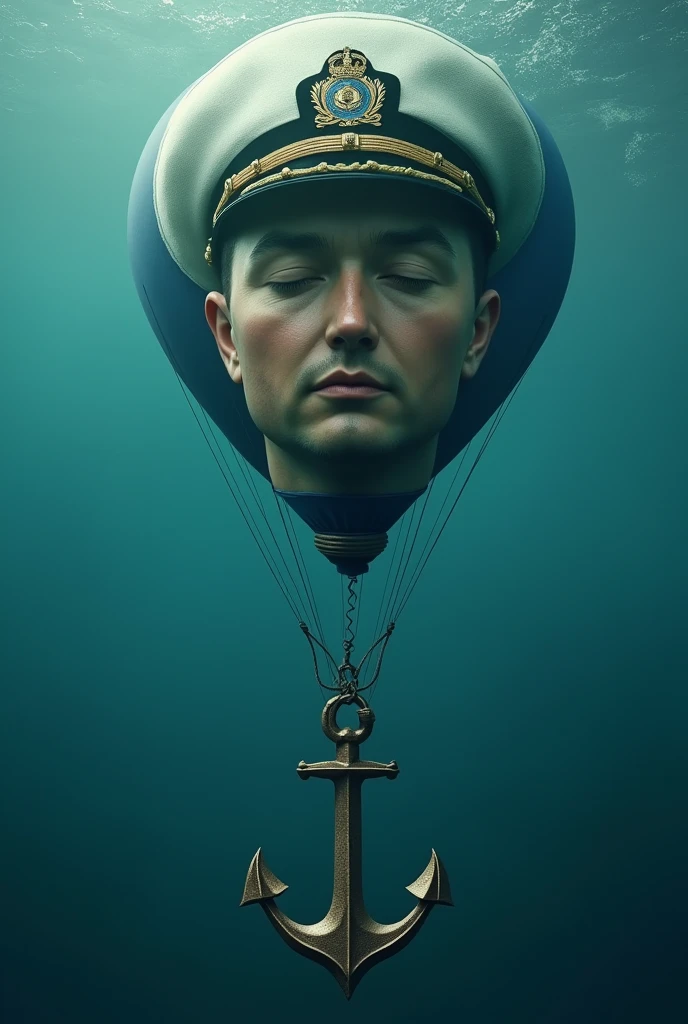 (photorealism:1.2), a balloon with a face of navy officer with cap pulling an anchor with ropes, closed eyes, underwater anchor, 8K, High Quality
