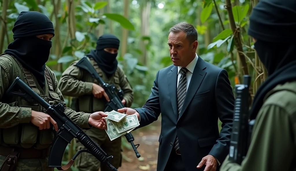 Photo. crime. man giving money to terrorist soldiers. jungle background and lots of weapons around.