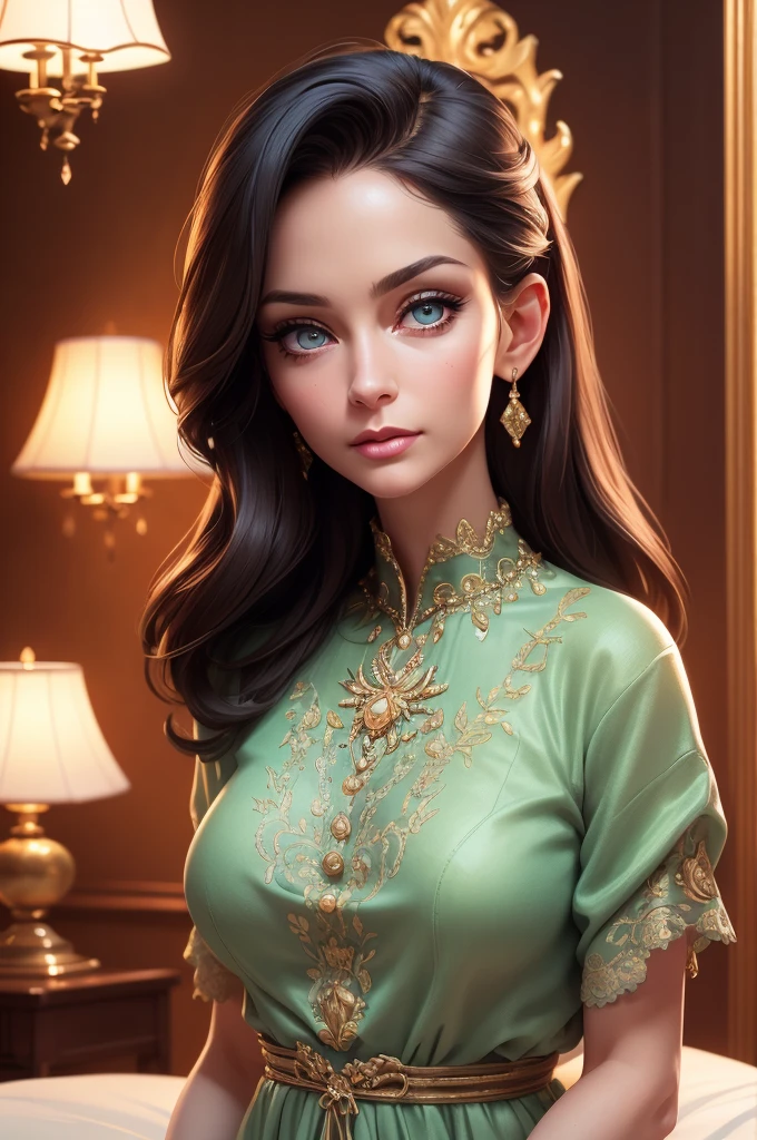 beautiful detailed eyes, beautiful detailed lips, extremely detailed eyes and face, long eyelashes,70 years old woman, woman, beautiful woman, long black waist-length hair, large green eyes, large breasts, standing next to bed, (best quality,4k,8k,highres,masterpiece:1.2),ultra-detailed,(realistic,photorealistic,photo-realistic:1.37),portrait,realism,warm colors,dramatic lighting
