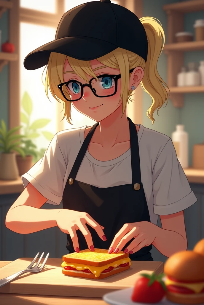Fille qui a les cheveu blond platine court attachés en queue de cheval avec une casquette noir et aux yeux bleu et lunettes noir entrain de faire un croque monsieur carre