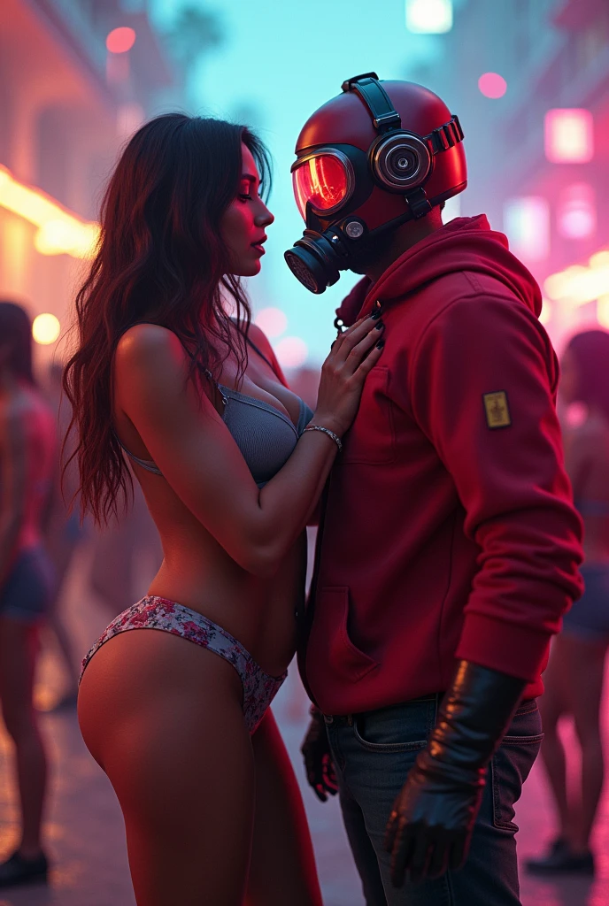 Mia khalifa, realistic, big breasts, full body, microphone & Young Star-lord with red hoodie, headphones, Star-lord helmet, rocket boots, gas helmet, covered mouth, round red eyes, front cover, touching the Dj, party, round eyes, free air, fly in the sky.