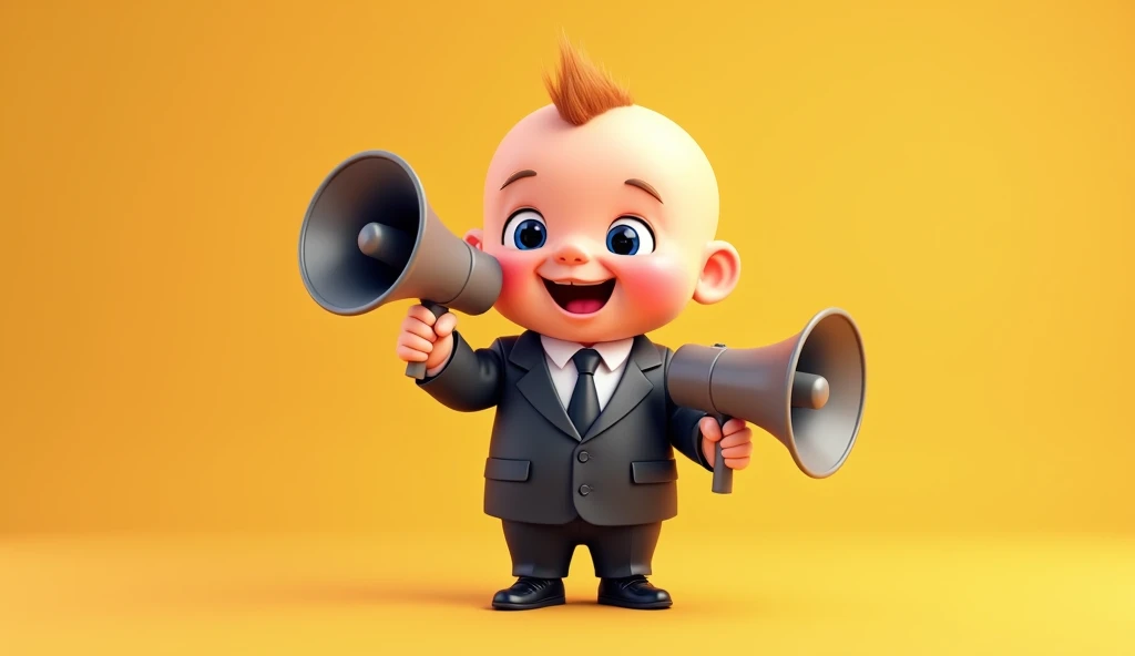 A full body baby in a suit holding a megaphone in catoon