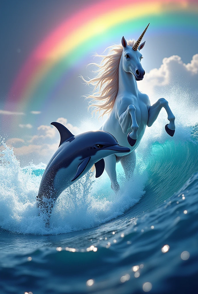 A unicorn and a dolphin in the sea but jumping the waves with many colors and a very colorful rainbow
