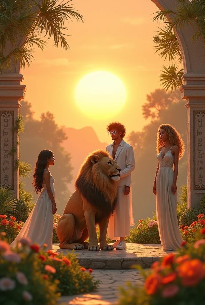 Wonderful shining sunset, with beautiful flowers in a vast and splendid Garden.
03 people in this image.
little white, long black hair, white gown brincando com um Leão.
tall white woman, Long curly blonde hair, white gown.
tall white man, curly black hair, sem beard, transparent blue glasses, white outfit.
Stone name plate: Happy Saturday.
Large stone engraved with the name HAPPY SATURDAY!
4k realism