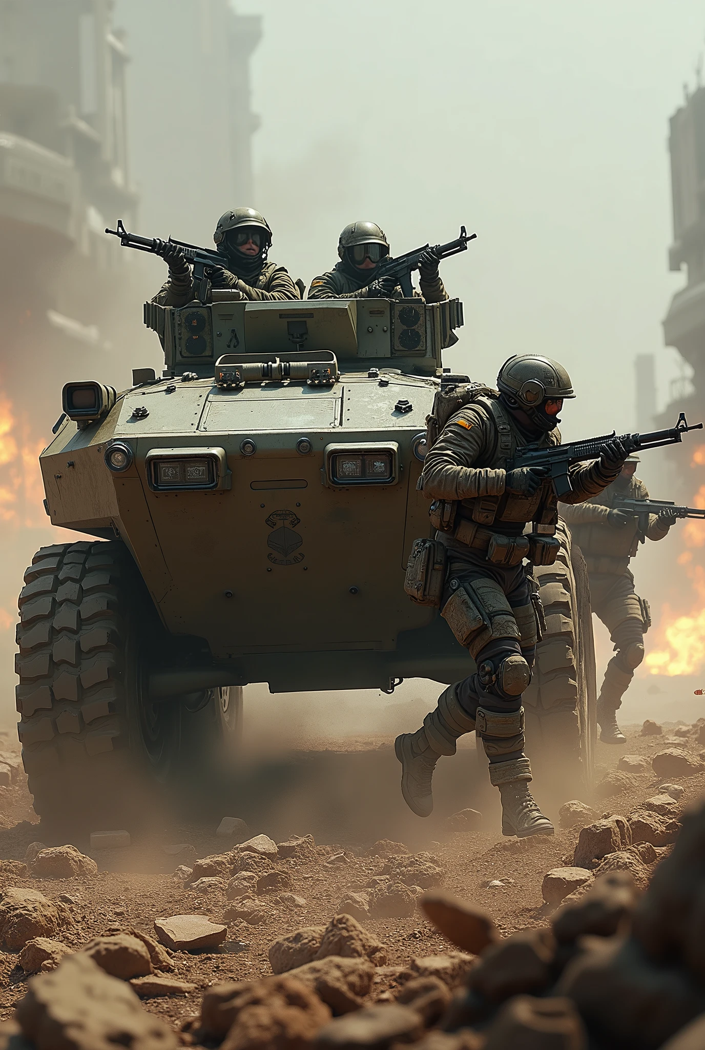 Create a highly realistic visual depiction of Empire cadet squads dispatching from an Infantry Fighting Vehicle (IFV) under enemy fire in a futuristic dieselpunk setting. The cadets are shown emerging from the heavily armored IFV, wearing advanced combat gear with rugged, industrial designs. The IFV itself is a formidable vehicle, equipped with rotating turrets and reinforced with thick, mechanical armor. The scene is chaotic, with explosions and enemy fire lighting up the battlefield as the cadet squads move quickly to take cover and return fire. The setting is a war-torn environment, filled with debris and smoke, emphasizing the intensity of the situation and the cadets' readiness to face the challenges of combat. The art style should capture the gritty, action-packed nature of the moment, focusing on the realistic design of the vehicles, weapons, and gear, while showcasing the dieselpunk aesthetic.