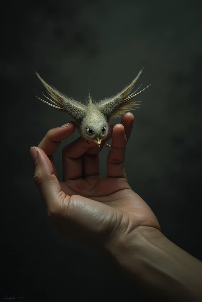 a fragile bird being held by the neck by a hand against a dark background
