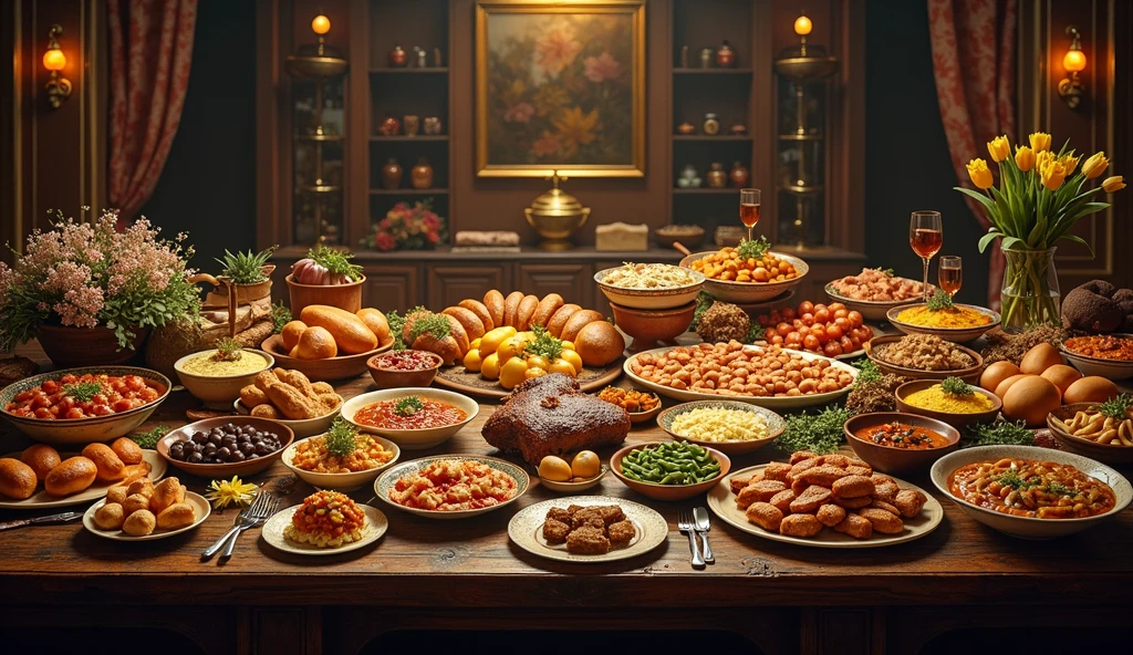 Large wooden table with a feast with a wide variety of dishes, Warm colors and elegant atmosphere