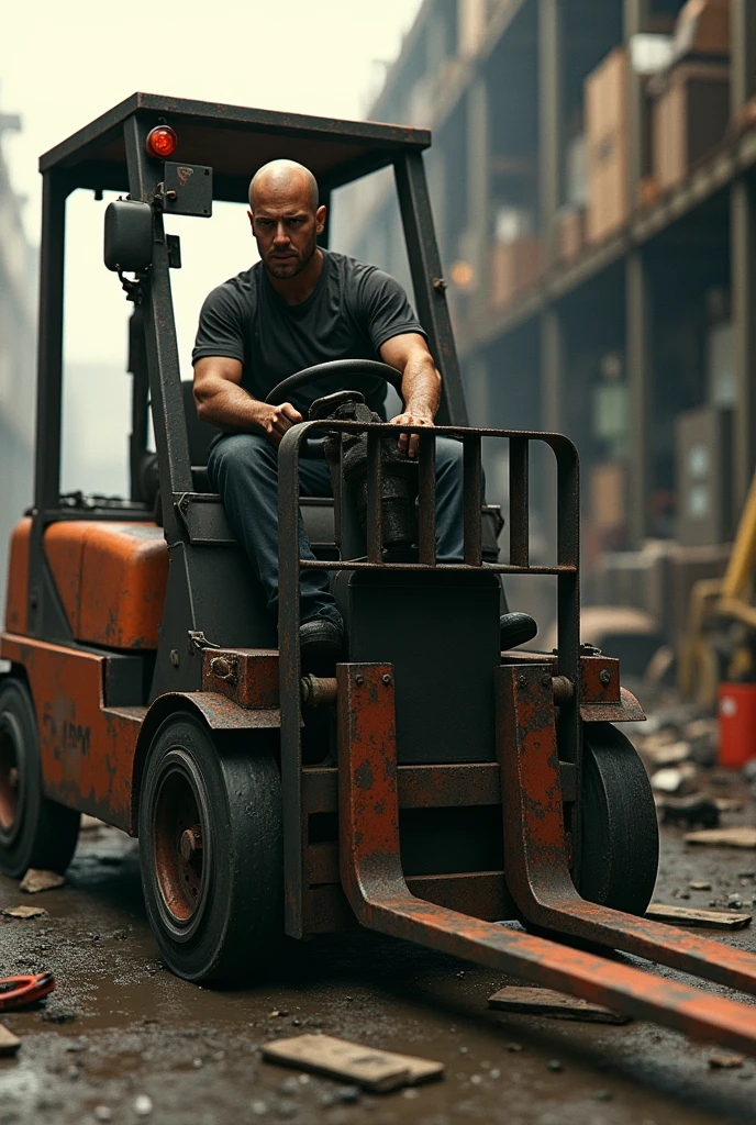 generates an image of Brian O&#39;Conner from Fast and Furious in a forklift on its side 

