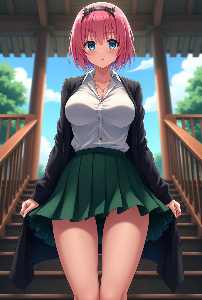 (((((Best Quality, 8K, 32K, masterpiece, 1.2)))),{{solo}},((nsfw:1.5)),{{{Character reference: ToLove Ru's Momo:1.2}}},((bob hair style)),((perfect beautiful face:1.2)), wearing , windy skirt, showing panties, embarrass, see through panties, ((a lot of public hairs:1.3)),