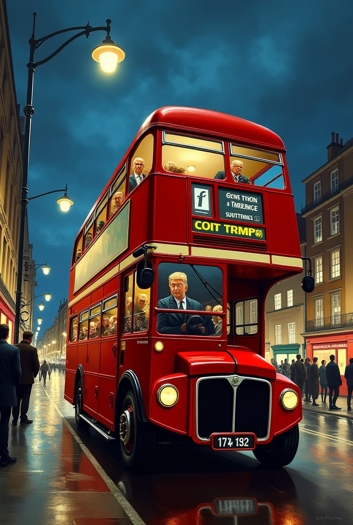 a double decker bus driving down a street at night with people on it's side and a lamp post in the background, extremely detailed oil painting, a photorealistic painting, photorealism, Dan Mumford