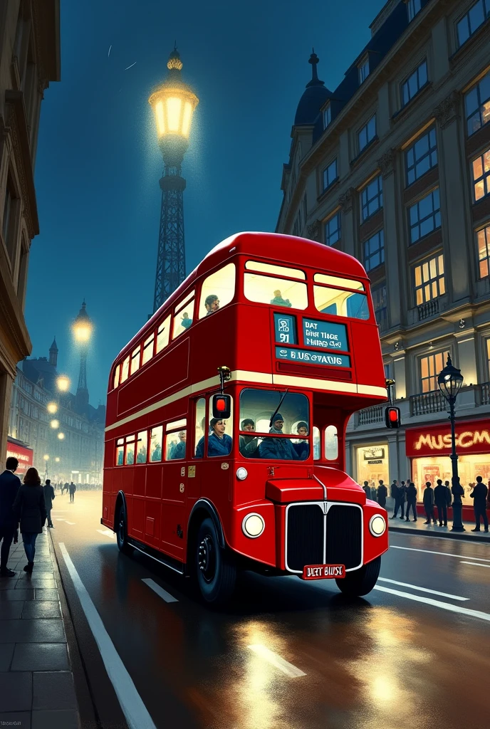 a double decker bus driving down a street at night with people on it's side and a lamp post in the background, extremely detailed oil painting, a photorealistic painting, photorealism, Dan Mumford