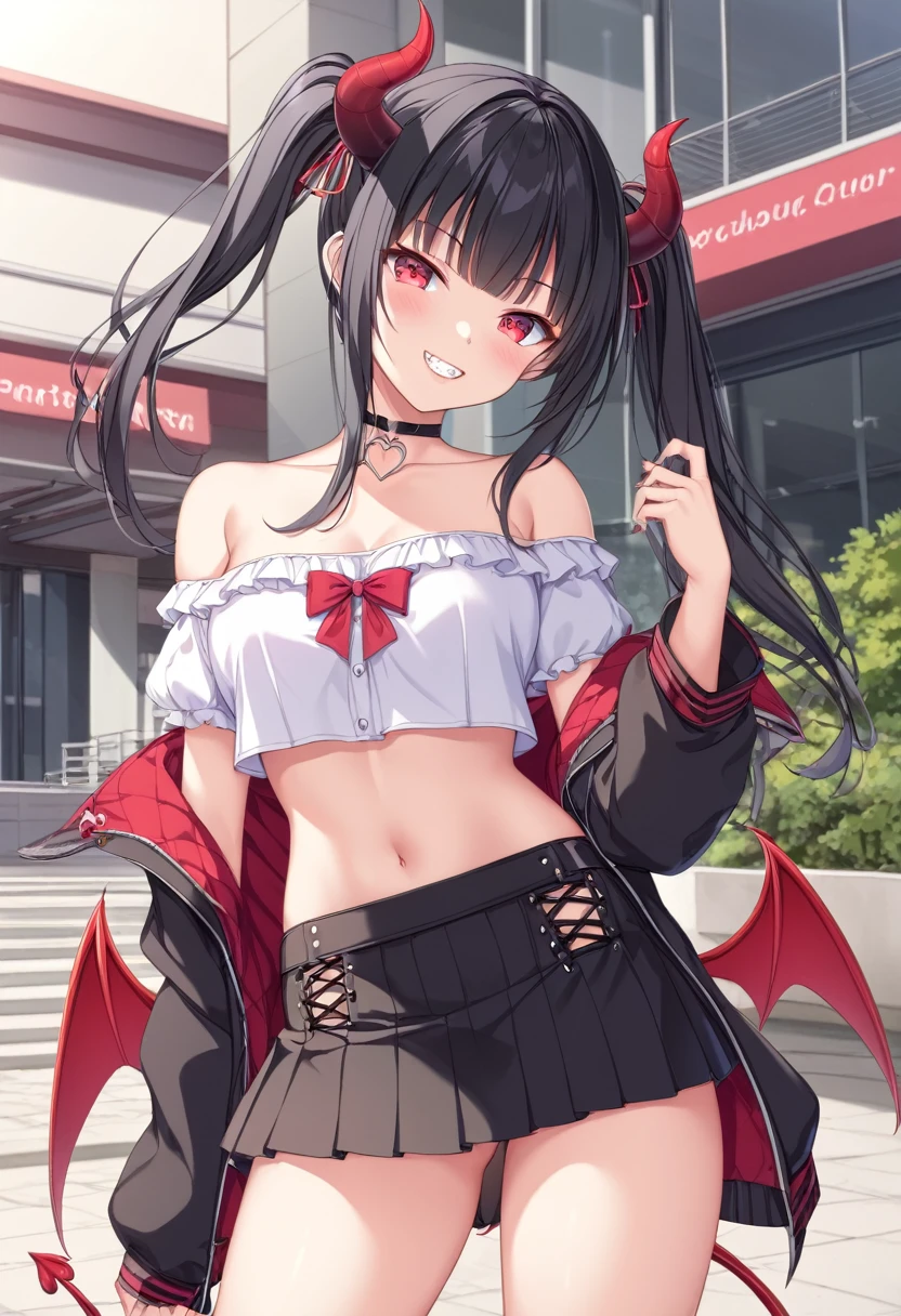 Standing posture、Black Hair、Beautiful eyes、high resolution、Short skirt、Off-the-shoulder clothing、Devil horns、tooth、Devil's Tail、Medium chest、Background room、Long Hair