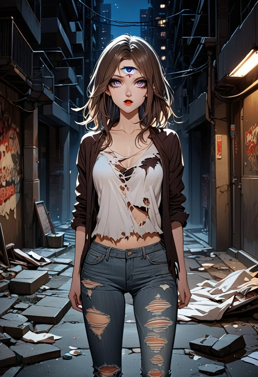 (good quality), (many details), (masterpiece), young woman, worn, torn clothes, wild brown hair, torn jeans, old shirt (broken), at night, in an alley, modern city, vampire, third eye awakes, eye on forehead, third eye, three eyes