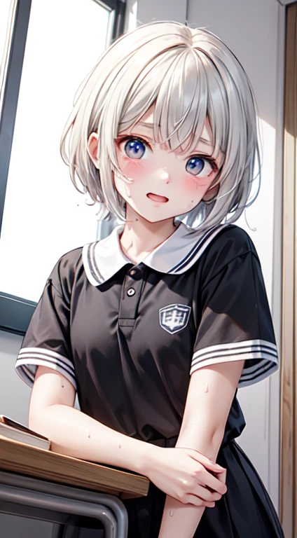 Highest quality,Ultra-wide angle composition、Elementary school girl Sweaty face cute short hair boyish My hair is wet with sweat Rubbing against the corner of a desk Panting