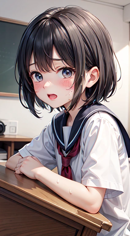 Highest quality,Ultra-wide angle composition、Elementary school girl　Sweaty face　cute　short hair　boyish　My hair is wet with sweat　Rubbing against the corner of a desk　Panting