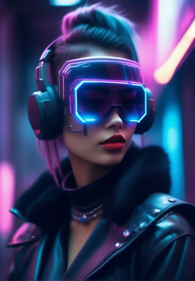 1 girl, black fur, black jacket, cyberpunk, cyberpunk style, depth of field, headphones, inside, jacket, jewelry, leather, leather jacket, Lips, by the wide, looking at the viewer, collar, nose, open clothing, open jacket, parted Lips, realist, shirt, Alone, Focus only, Upper part of the body, mysterious, fancy
