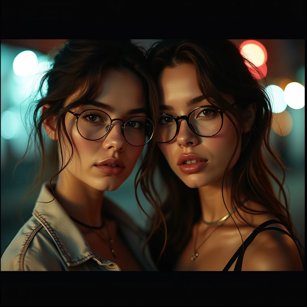 full body, a beautiful 2 woman, light brunette, close-up, girl , baggy clothes, makeup, lips, glasses, night, messy hair, film grain,Porta 160 color,  sharp focus on subject, Fujifilm XT-3