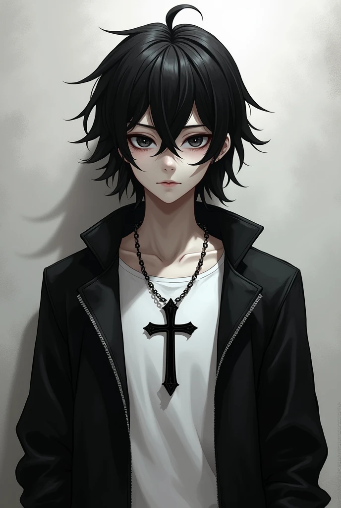 Boy with long black hair and black eyes, white t-shirt, black jacket with cross on neck