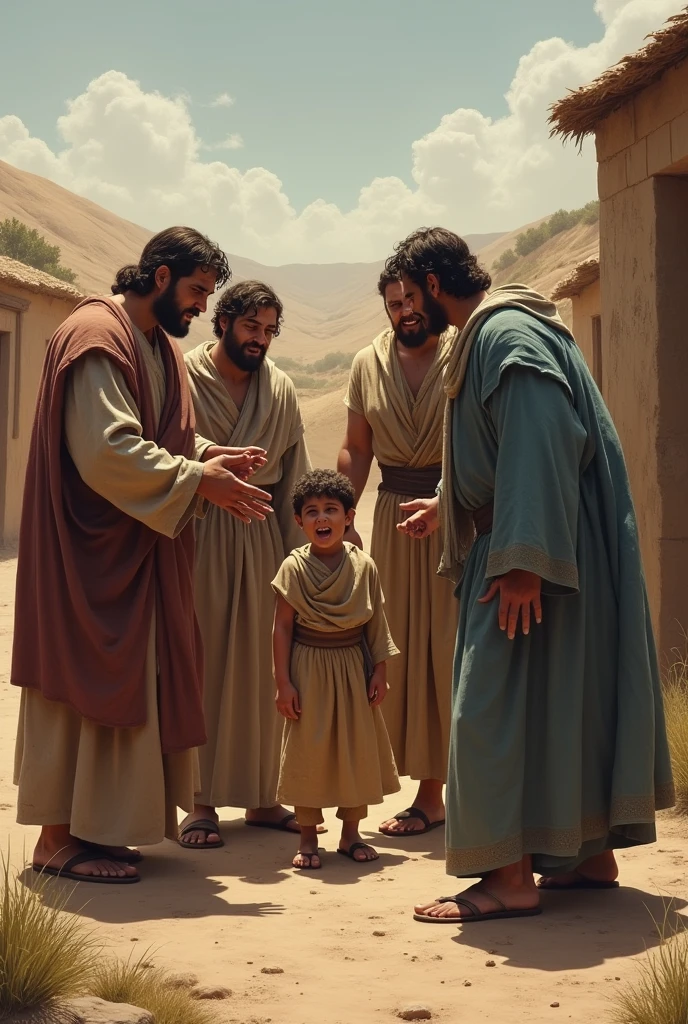 Create an image, Bible times of brothers mocking a younger brother 