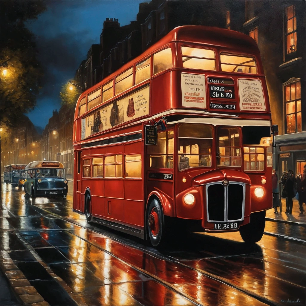 a double decker bus driving down a street at night with people on it's side and a lamp post in the background, extremely detailed oil painting, a photorealistic painting, photorealism, Dan Mumford