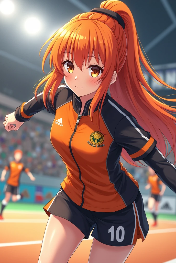 Haikiyuu, anime, gym, long, orange hair, light brown eyes, Karasuno team clothing orange on the inside and black on the sides with the number 10,female, he would be.