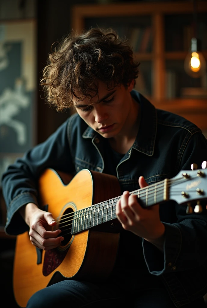 Evan Peters playing guitar