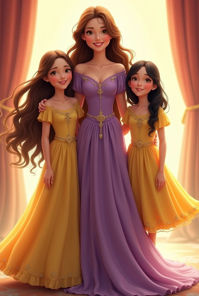 I need an image where you can see the mother and her daughters where they look like princesses, the mother with brown hair and long purple dress and the daughters with yellow dresses, One sister with a long dress and brown hair and the other sister with black hair and a short dress and this family looks very happy