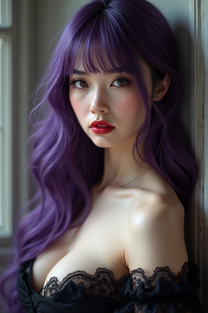 A woman with fair skin, red mouth, eyes browns, breasts big, big eyelashes, long purple hair with straight bangs.