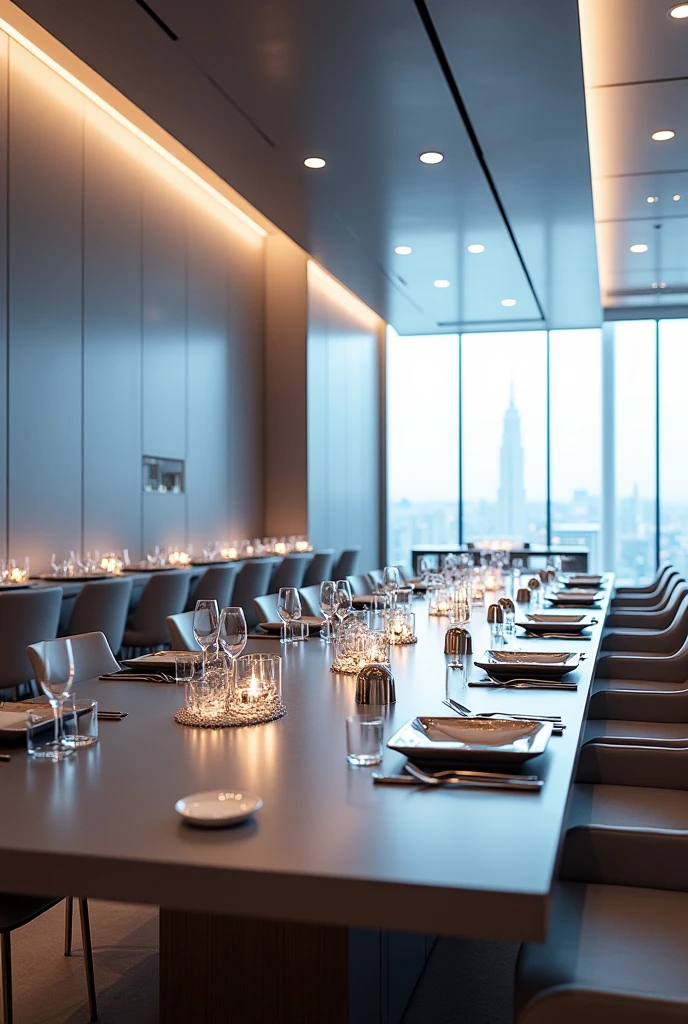 Decoration for a futuristic corporate event with tableware and all decoration included