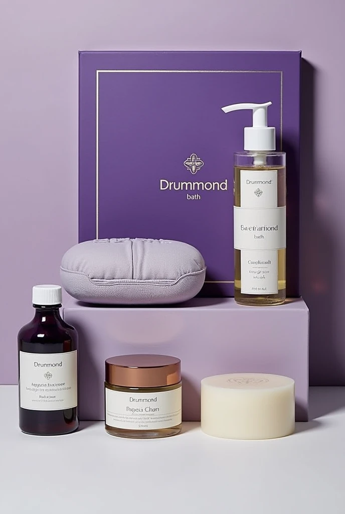 Kit with soap cream perfume oil with purple packaging, written Drummond and below the line bath,in all products