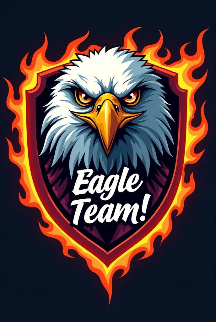 Create a cartoon image of an eagle's face inside a shield, in the shape of a rock team emblem with flames around the shield and a phrase, eagle team! written in Portuguese!