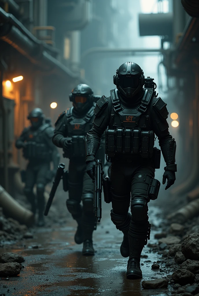 Create a highly realistic visual depiction of the Empire's special forces during a covert operation within a futuristic dieselpunk setting. The special forces operatives are shown in stealth mode, equipped with advanced, tactical gear designed for infiltration and precision. Their uniforms are dark, with a blend of sleek, futuristic armor and rugged, industrial elements typical of dieselpunk. They carry silenced weapons with mechanical and energy-based enhancements, moving through a shadowy, industrial environment filled with pipes, machinery, and low lighting. The scene should capture the intensity and secrecy of the covert operation, emphasizing the skill and precision of the special forces as they navigate through the complex, using the environment to their advantage.