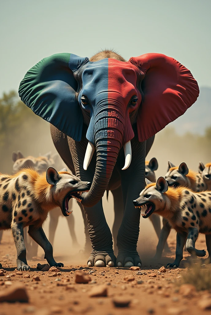 A pack of menacing hyenas whose skins each resemble the Algerian flag attack an elephant whose skin resembles the French flag 