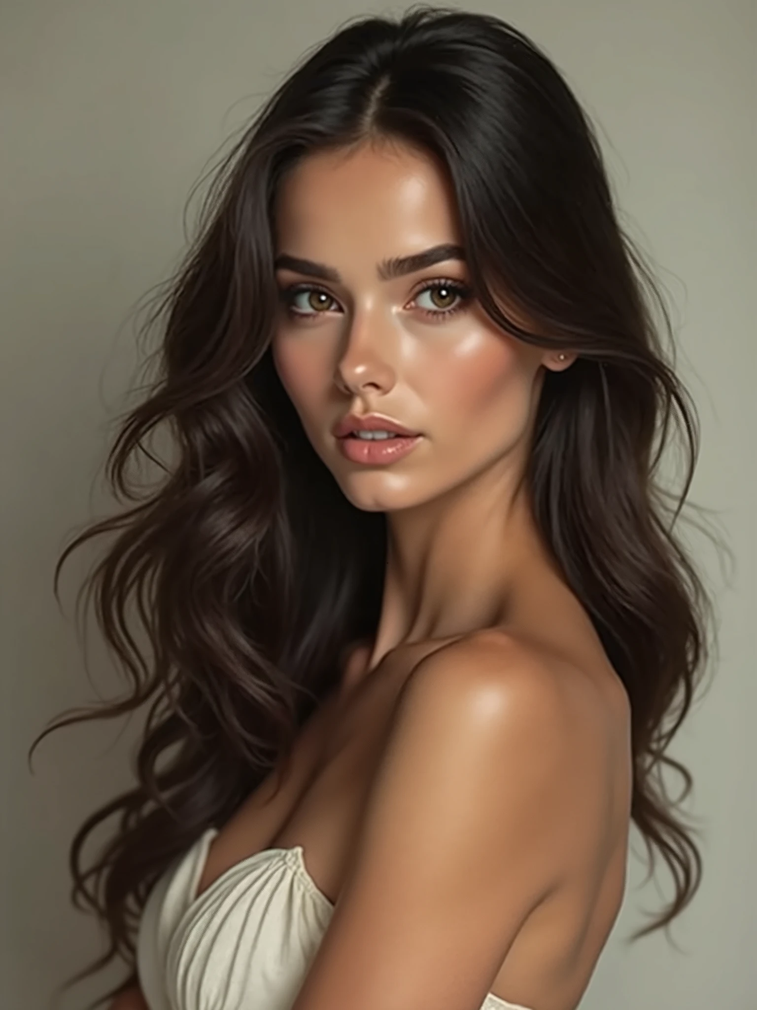 une vraie femme regardant de face, long hair,