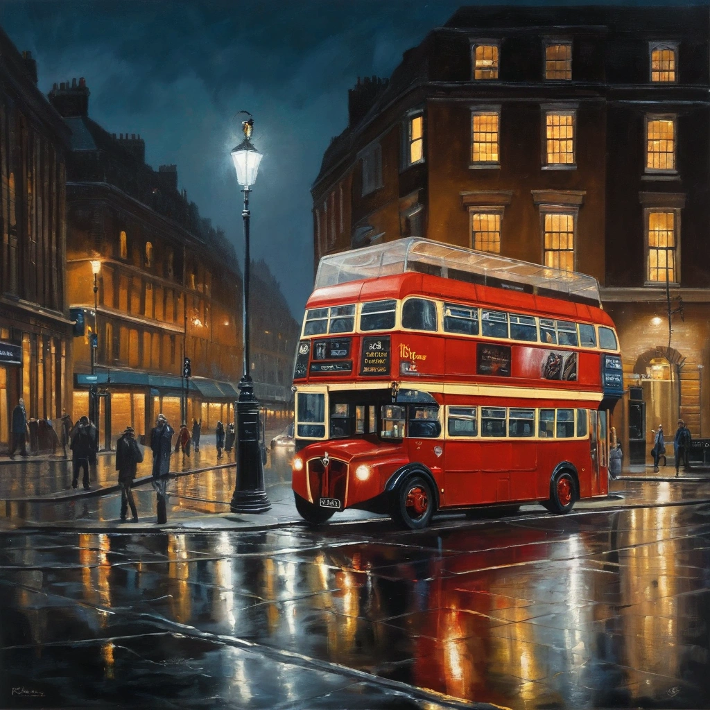 Painting of a double-decker bus on a city street at night, Rob McNaughton - A life without children, Londoner Bus, On a wet London street, von Penry Williams, von Bob Ringwood, von Howard Lyon, by Tom Scott RSA, by Roger Wilson Dennis, bussiere rutkowski andreas rocha, von Ray Howard-Jones, rainy evening, by Rob Alexander