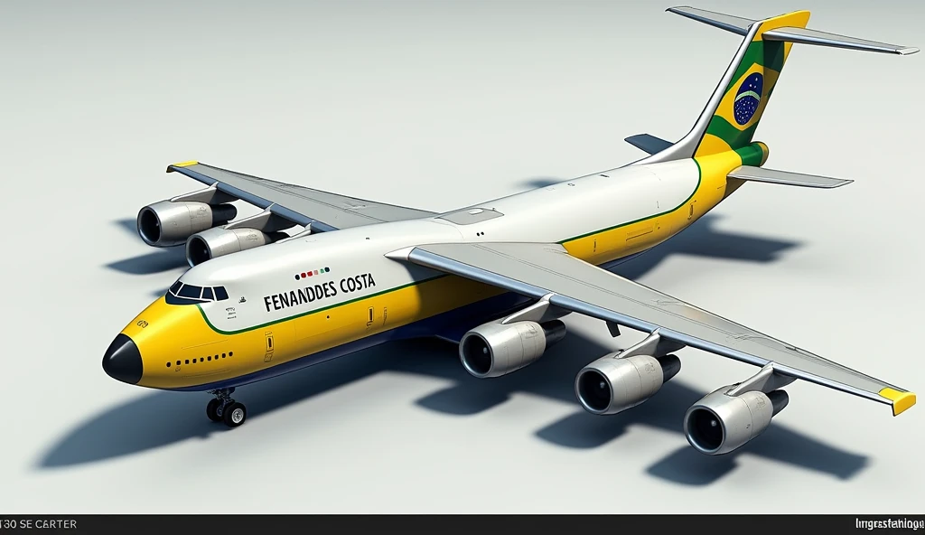 Create a large aircraft with six turbofan engines, each mounted on the wings in a triple configuration on each side. The aircraft has four sets of main landing gear, two on each wing, and a pair of smaller landing gear located at the wingtips for stability. The plane&#39;s fuselage is in the colors of the Brazilian flag, with minimal details to highlight its structure and aerodynamic design. The wings are robust and well defined, reflecting the power of the engines and the weight-bearing capacity of the aircraft. With the name FERNANDES COSTA in black on the fuselage 