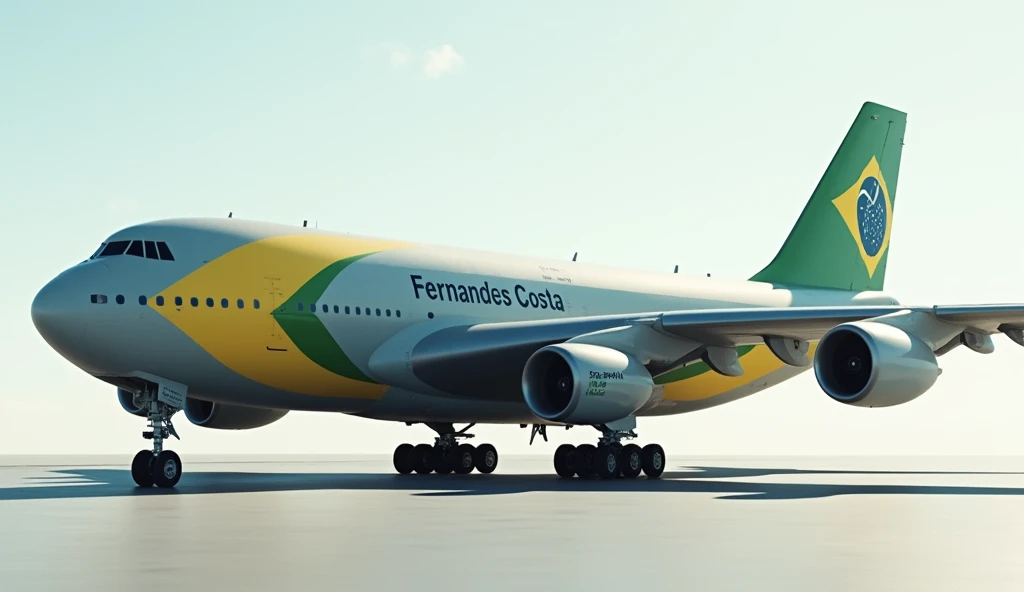 Create a large aircraft with six turbofan engines, each mounted on the wings in a triple configuration on each side. The aircraft has four sets of main landing gear, two on each wing, and a pair of smaller landing gear located at the wingtips for stability. The plane&#39;s fuselage is in the colors of the Brazilian flag, with minimal details to highlight its structure and aerodynamic design. The wings are robust and well defined, reflecting the power of the engines and the weight-bearing capacity of the aircraft. With the name FERNANDES COSTA in black on the fuselage 