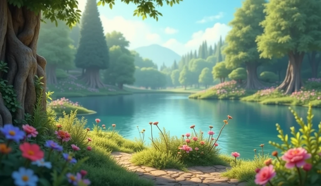 Lake trees and field of flowers