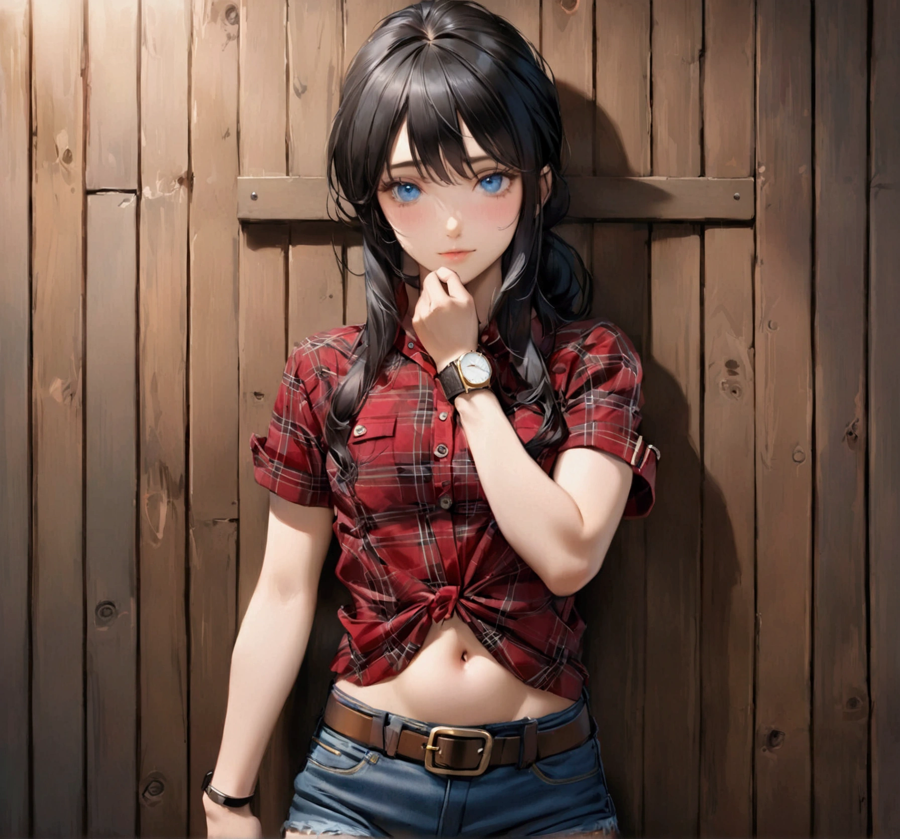 Woman with long black hair, blue eyes, An athletic body, Red plaid tight short sleeve cowgirl shirt, watch, Navel exposed, Denim hot pants, Brown belt with square buckle, Stand up straight, Drunk,In front of a wooden wall,Front view,Cowboy Shot,16K, Highest quality, masterpiece, Realistic, detailed