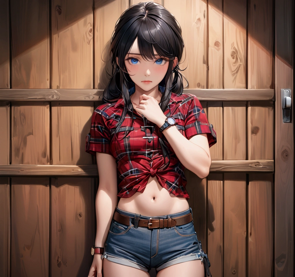 Woman with long black hair, blue eyes, An athletic body, Red plaid tight short sleeve cowgirl shirt, watch, Navel exposed, Denim hot pants, Brown belt with square buckle, Stand up straight, Drunk,In front of a wooden wall,Front view,Cowboy Shot,16K, Highest quality, masterpiece, Realistic, detailed