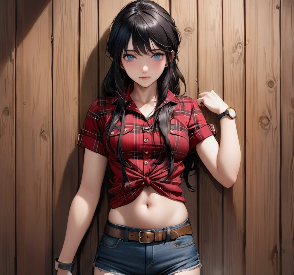 Woman with long black hair, blue eyes, An athletic body, Red plaid tight short sleeve cowgirl shirt, watch, Navel exposed, Denim hot pants, Brown belt with square buckle, Stand up straight, Drunk,In front of a wooden wall,Front view,Cowboy Shot,16K, Highest quality, masterpiece, Realistic, detailed