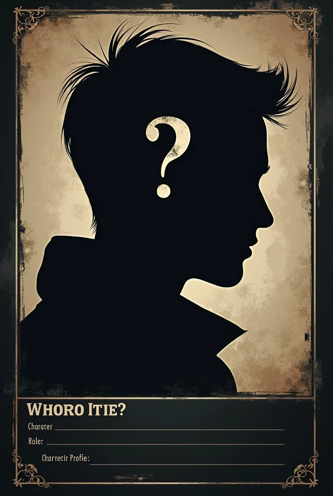 
I want you to create a template like dark to create the characters with those roles. Type you put in the character sheet template. card. And you put a little box with the shadow of someone&#39;s head and a question mark in it. That is, as a protected identity. And then you put down “Character Role”. And on the other side of the card you put &quot;Who is it??”. in Spanish. And you leave room for me to fill in the gaps.