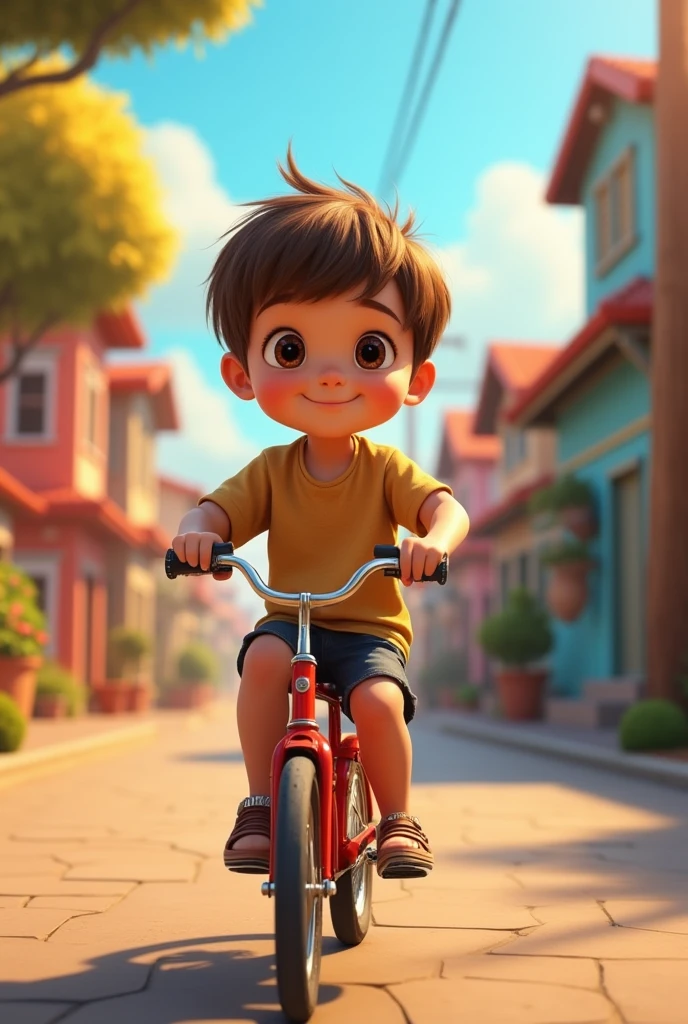 boy, short hair, light brown hair, straight hair, bangs, brown eyes, big cheeks, round face, show him riding a bike down the street, pixar, Disney, hyperrealistic
