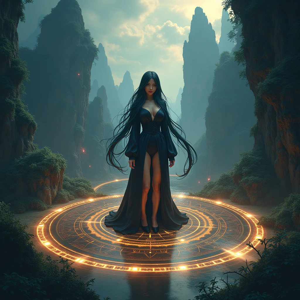 A beautiful young witch in a revealing and sensual school uniform, with long black twin tails, summoning a small and cute griffin from a magical circle, intricate fantasy landscape, dark and dramatic lighting, highly detailed, cinematic composition, digital art, concept art, fantasy art, masterpiece, 8k, photo-realistic, hyper detailed, (beautiful eyes), confident smile