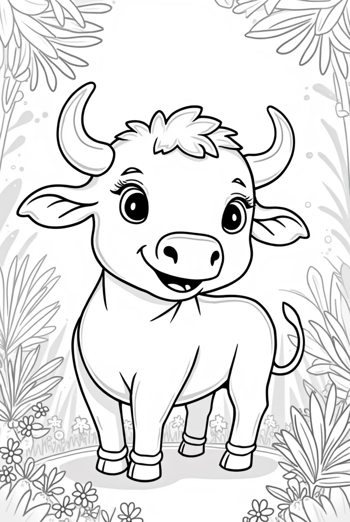 Create a black and white image of a cute bull designed for coloring. The design should be detailed but accessible to color, with clear lines and spaces that allow for creative use of color. Each bull should be depicted in a forest setting, with elements that add context but keep the focus on the animal itself. The overall style should be playful and engaging, suitable for children.