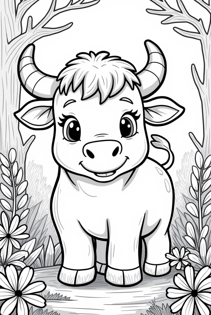 Create a black and white image of a cute bull designed for coloring. The design should be detailed but accessible to color, with clear lines and spaces that allow for creative use of color. Each bull should be depicted in a forest setting, with elements that add context but keep the focus on the animal itself. The overall style should be playful and engaging, suitable for children.