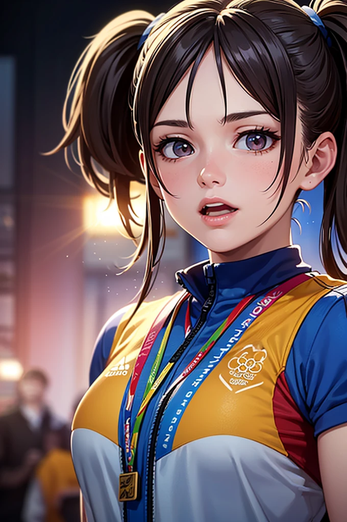 Light blue long hair、Beautiful girl with twin tails、a woman being awarded a gold medal at the paris olympics, highly detailed Realistic 3d cg rendering of the award ceremony, close-up of an athlete receiving the medal, A face expressing joy and pride, Dramatic studio lighting, intricate details of the medal and athlete's uniform, Vibrant colors, photoRealistic, masterpiece quality, (Highest quality, 8k, High resolution, masterpiece:1.2), Very detailed, Realistic, photo-Realistic:1.37, Dramatic lighting, emotional expression, Dynamic pose, gold medal, Olympic Medal Ceremony, athlete, Sports, competition, victory, celebration,