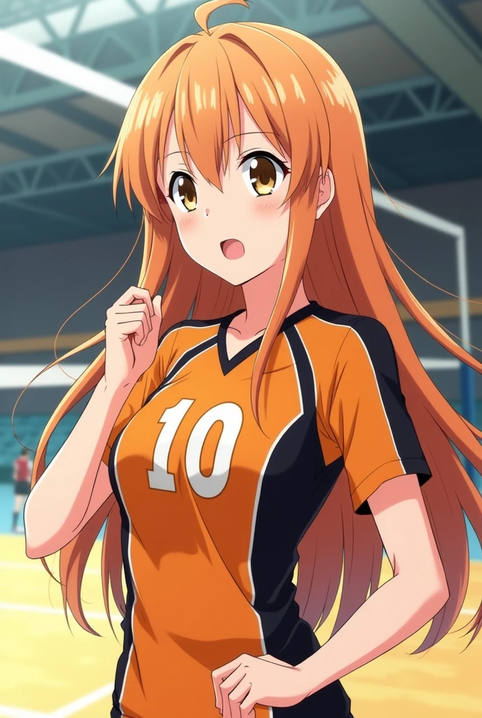 Haikiyuu, anime, gym, long loose orange hair, light brown eyes, Karasuno team clothing orange on the inside and black on the sides with the number 10,female, he would be.